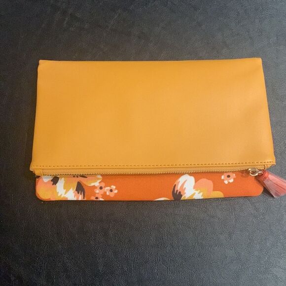Rachel Pally Zahara Orange Reversible PU Leather Floral Clutch Canvas Bag Purse - Picture 3 of 10